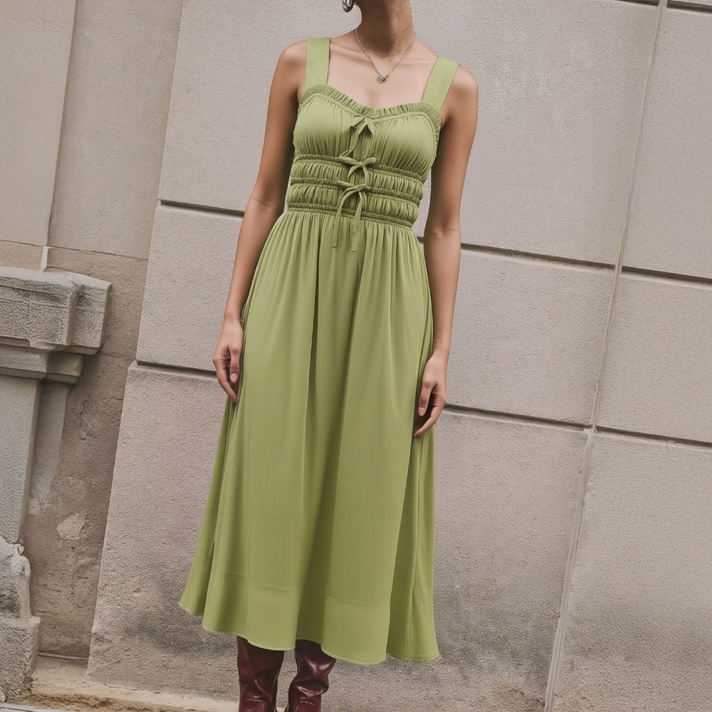 NWT Blu Pepper Lime Green Double Bow Tie Ruched Maxi Dress Size Medium